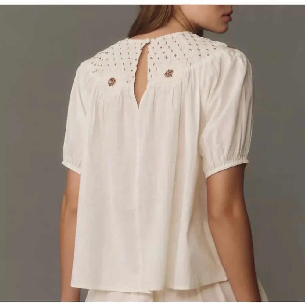 Anthropologie Cream Floral Embroidered Cotton Peasant Blouse Small Boho Cottage